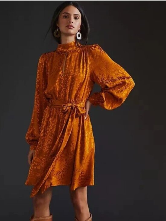 Anthropologie Dresses & Skirts - NWT Anthropologie Gold Jacquard Mini Dress Medium Long Sleeve Tie Waist